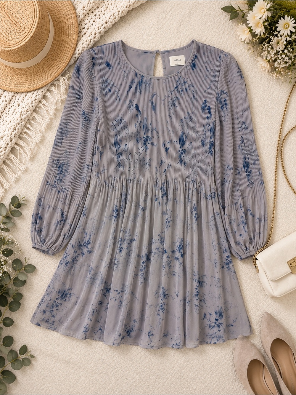 Wilfred XS Pleated Floral Mini Dress Gray Blue Long Sleeve